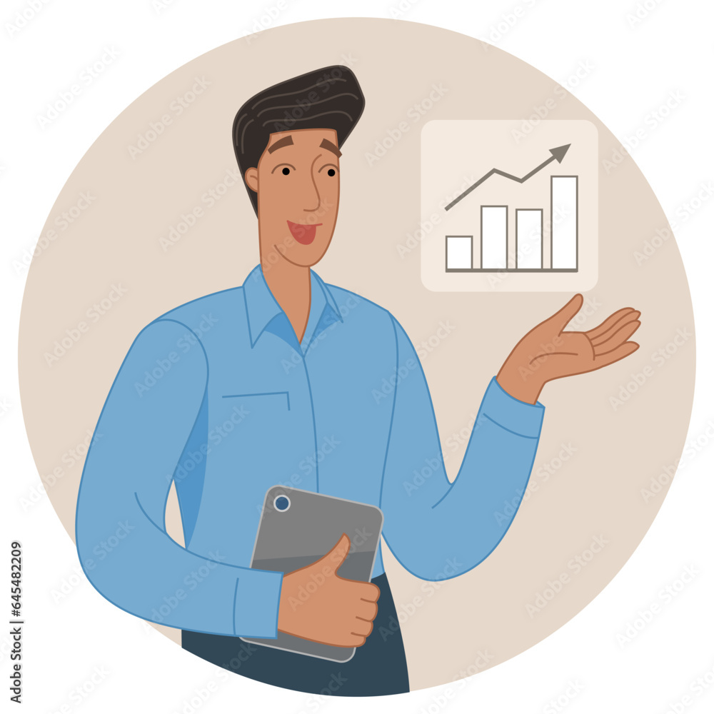 Vector illustration concept. Businessman showing success chart. Creative flat design for web banner, marketing material, business presentation, online advertising. Vector illustration concept. Businessman showing success chart. Creative flat design for web banner, marketing material, business presentation, online advertising.