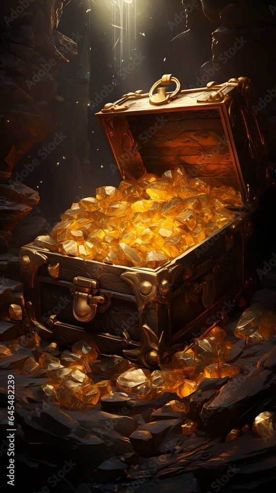 Glowing Treasure in The Cave Containing Piles Of Gold. The treasure chest is full of gold coins. Glowing Treasure in The Cave Containing Piles Of Gold. The treasure chest is full of gold coins.
