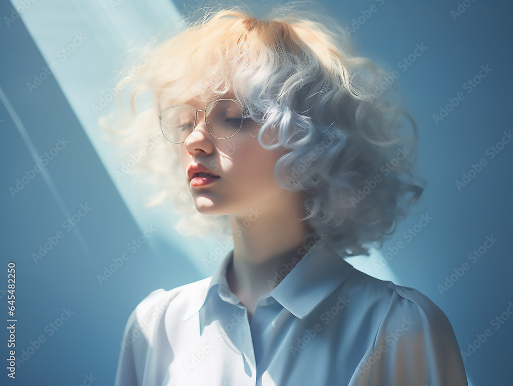 young woman in pensive water in blue clothes with blond wavy hair in the rays of the sun in a light blue room.