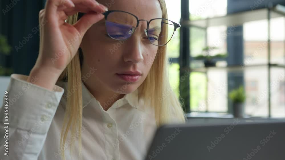 Embarrassed Caucasian woman businesswoman girl in eyeglasses looking at laptop computer overwork female office worker manager take off spectacles check blurry vision bad eyesight eye problem glasses Embarrassed Caucasian woman businesswoman girl in eyeglasses looking at laptop computer overwork female office worker manager take off spectacles check blurry vision bad eyesight eye problem glasses