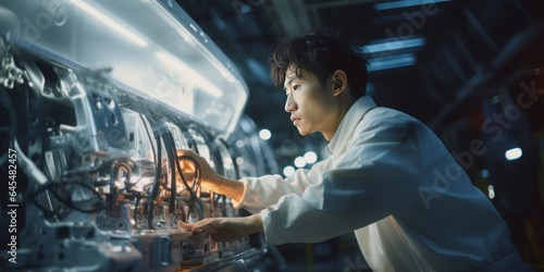 Young Factory Worker on a White Assembly Line, Building Cars with Precision