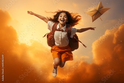  A Girl Soars with a School Backpack on a Giant Pencil