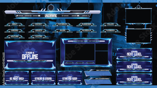 Twitch stream overlay package including facecam overlay, offline, starting soon, twitch panels	
