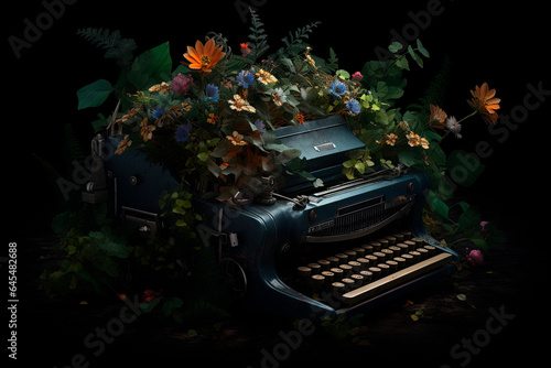 A typewriter with a bunch of flowers. Muse. Writer inspiration. Generative AI