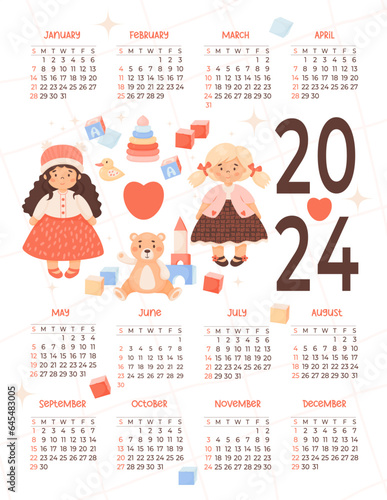 Kids annual calendar 2024 Cute Children toys, girl doll, plush toys in cartoon style on white background. Vector vertical template 12 months in English. Week on Sunday. Stationery, print, organizer