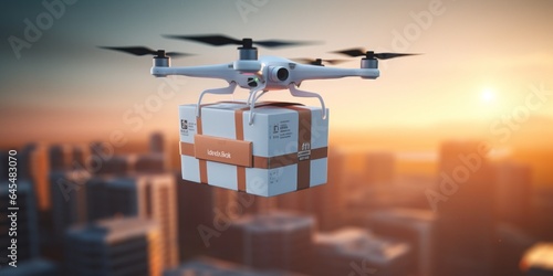 Drone with Medical Box: A Glimpse into Industry 4.0 and Futurtech, Showcasing IoT Integration for Smart Healthcare Logistics, High-Tech Aerial Delivery, and Precision Automation