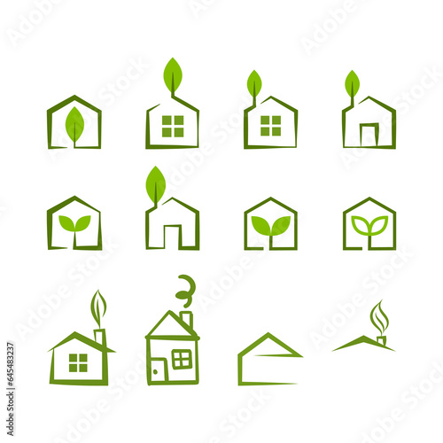 Leaf and green house logo template set or collection