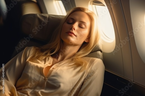 Beautiful blond woman sitting sleeping in airplane business class seat
