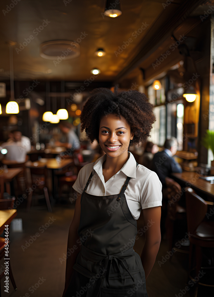 Portrait of a smiling African American female waitress looking at camera in a restaurant