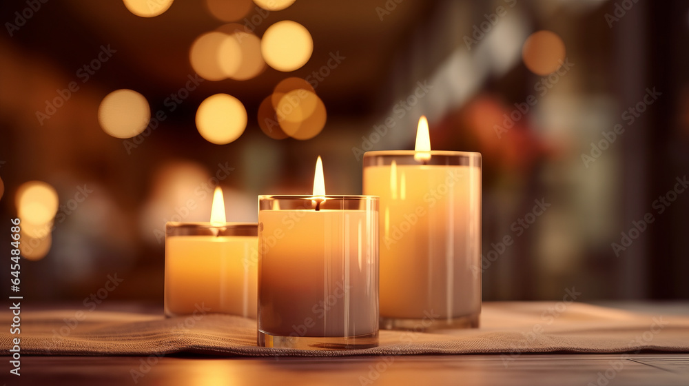 Three glowing candles placed on a wooden table Three glowing candles placed on a wooden table