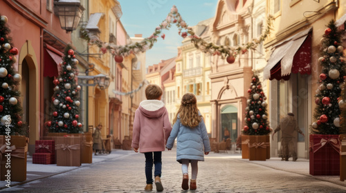 Christmas Stroll: Children Wander Along Festively Adorned Streets in a Quaint European Town, Back View. © Ai Studio