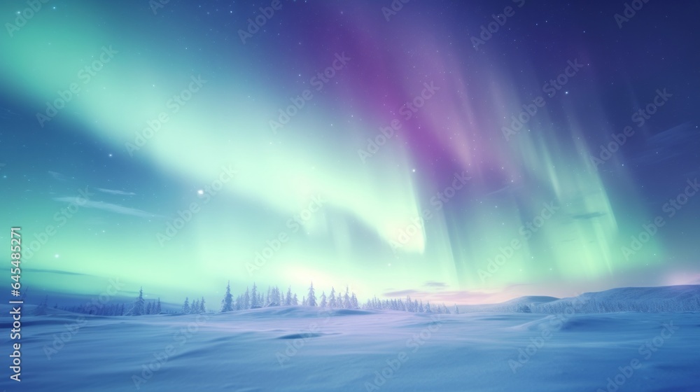 A vibrant green and purple aurora borealis lighting up the night sky