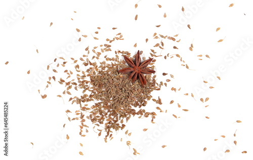 Anise seeds spice texture (Pimpinella anisum) with anise stars isolated on white, top view  photo