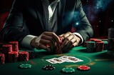 man holding a poker chip and cards while waiting for player Generative AI