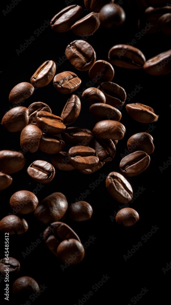 Roasted coffee grains flow on a black space Roasted coffee grains flow on a black space