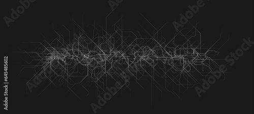 Abstract futuristic circuit board banner with random tangled monochrome gradient streaming lines. Artificial Intelligence or new technology development concept. Vector illustration