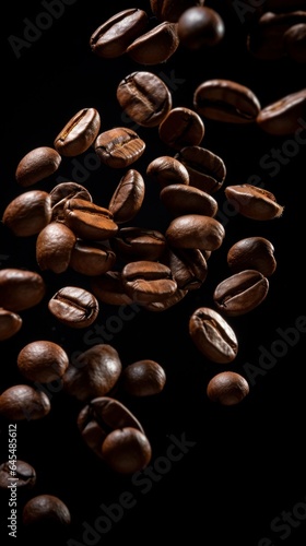 Roasted coffee grains flow on a black space