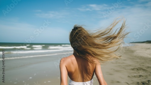 a woman with long hair was walking along the beach
