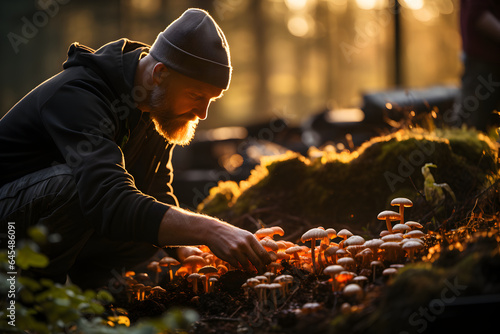 Middle aged man picking mushrooms in the autumn forest. Picking season and leisure people, fall concept. © AnaWein
