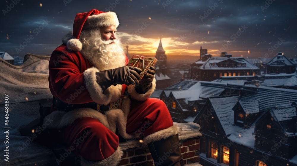 Santa Claus with gift box on roof house, Happy christmas and new year, generative ai - obrazy, fototapety, plakaty 