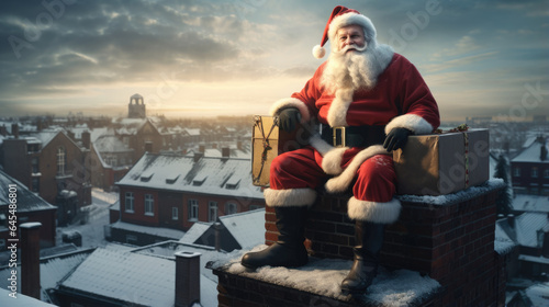 Santa Claus with gift box on roof house, Happy christmas and new year, generative ai