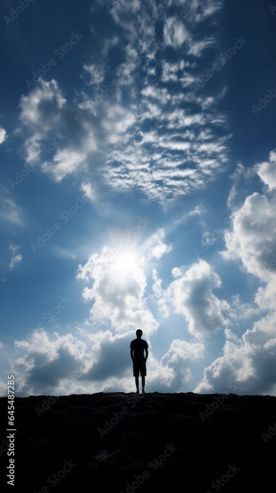 A man standing on top of a hill under a blue sky