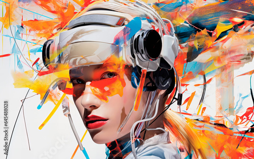 Beautiful and colorful illustration of a woman wearing a futuristic head device. Wearable technology and experimental art (Generative AI)