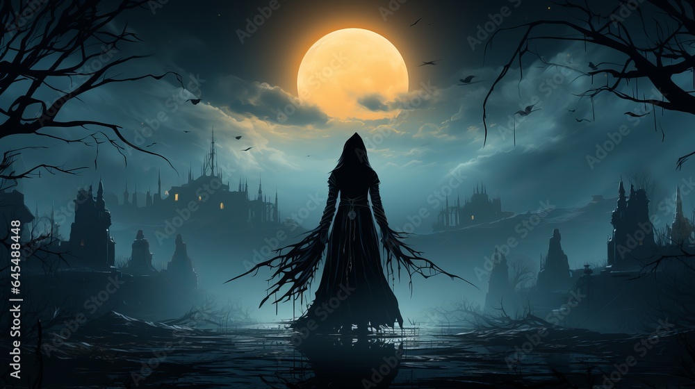 Obraz na płótnie 
A beautiful girl in the style of a witch in Gothic clothes with a staff against the background of the moon and candles. Night of the Witch or All Hallows' Eve. Concept: coven, mysticism, game charact w salonie