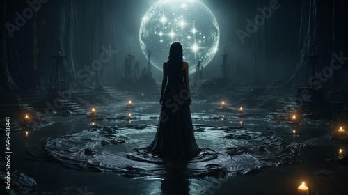 A beautiful girl in the style of a witch in Gothic clothes with a staff against the background of the moon and candles. Night of the Witch or All Hallows' Eve. Concept: coven, mysticism, game charact
