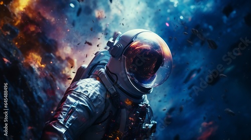 A man in a space suit standing in front of a fiery explosion