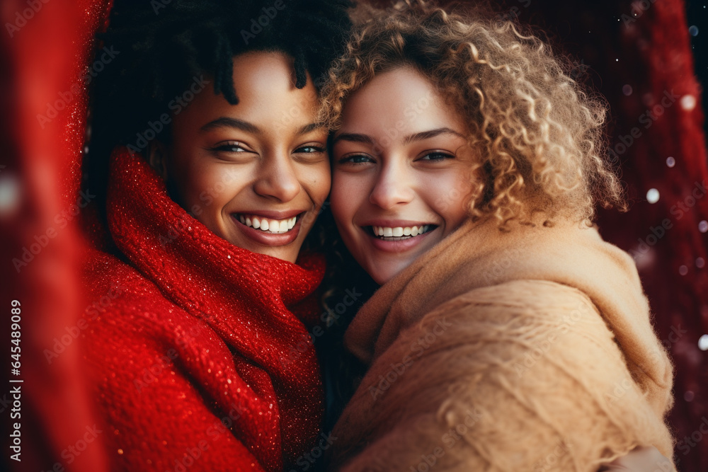 Happy beautiful young smiling multiethnic female friends Happy beautiful young smiling multiethnic female friends