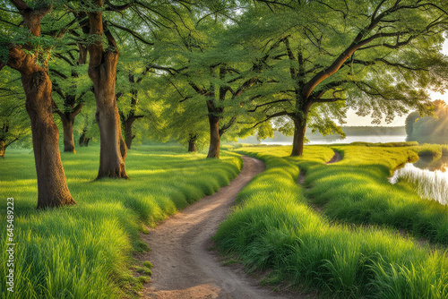 Scenic pathway nearby nature lake landscape in the countryside forest