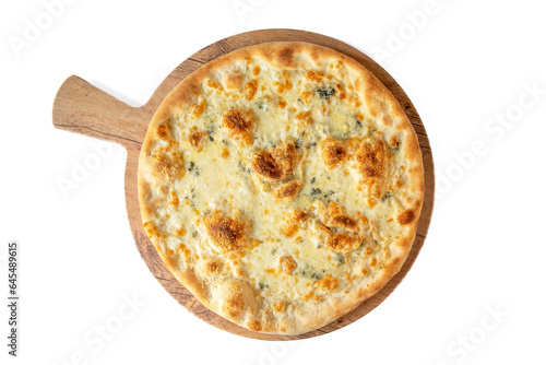 
Pizza with four cheese, mozzarella, pecorino, gorgonzola, taleggio from above isolated on white background photo