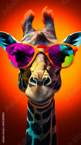 A giraffe wearing sunglasses up close