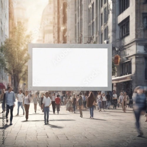 Empty white billboard illustration in a public place with people passing by.Generative AI