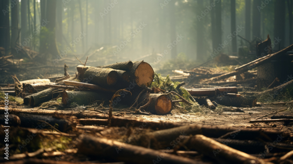 A stack of logs in the heart of a dense forest A stack of logs in the heart of a dense forest