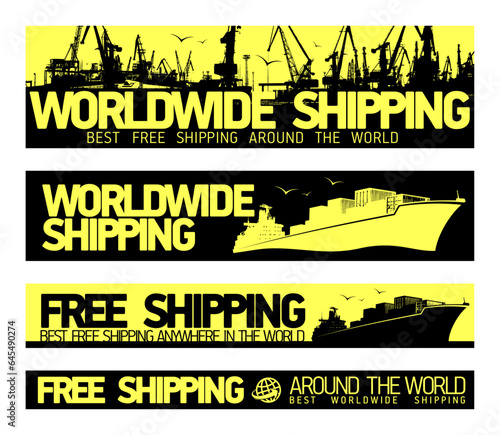 Worldwide free shipping web banners set with cargo ships