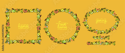 Fruit frames set and fruit brushes set, vector graphic illustration
