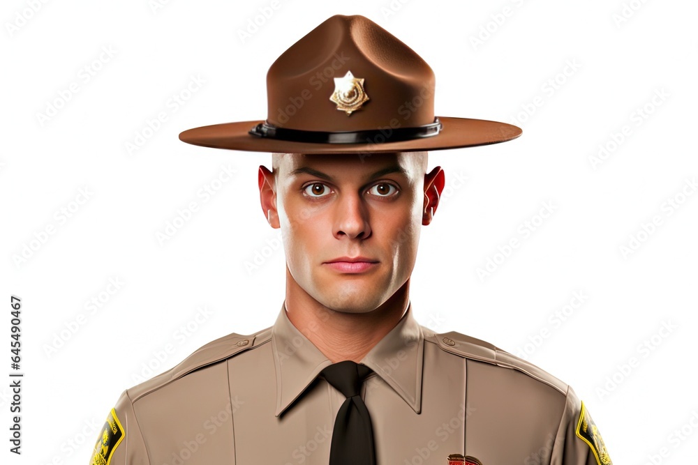 High Key Image of Drill Sergeant Hat against Military Costume as Occupation for Police and Military Personnel - obrazy, fototapety, plakaty 