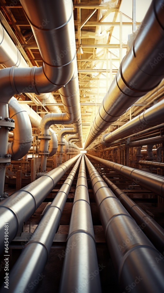 A complex network of pipes inside a spacious industrial facility A complex network of pipes inside a spacious industrial facility
