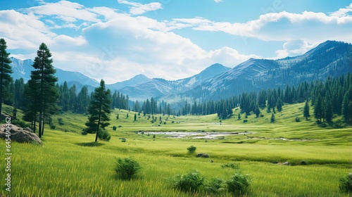 Greenfield Landscape of Kazakhstan with Majestic Mountains, Pine Trees and Serene Water Body