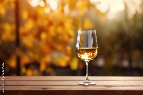 White wine in a glass on wood table, autumn nature background. Wine shop or wine tasting concept. Soft light. Copy space banner. The concept of wine tasting, tourism, wine festival.