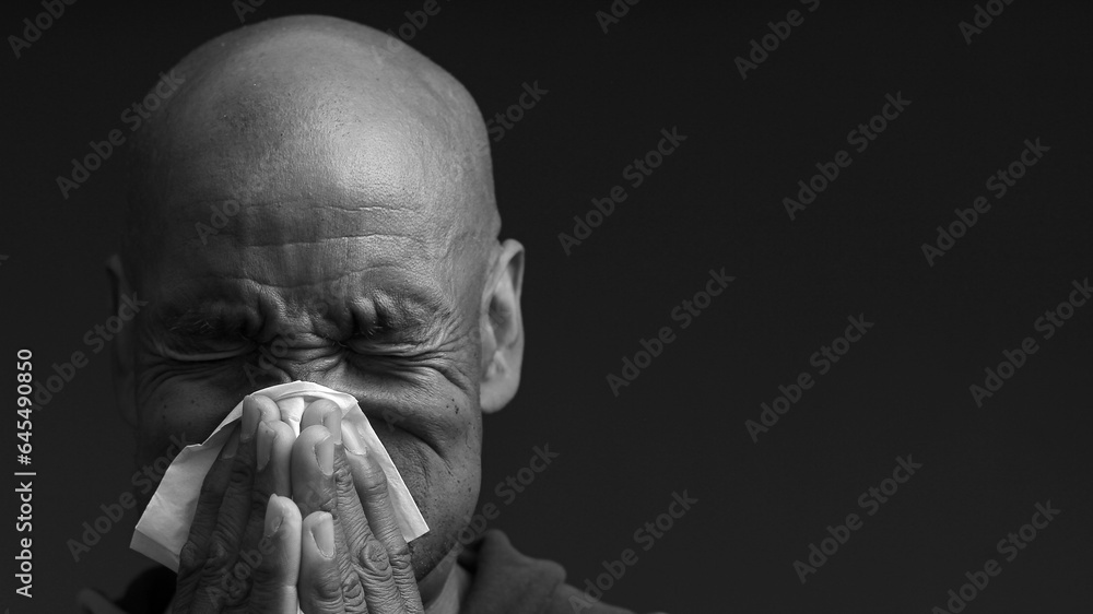 catching the cold and flu man blowing nose after catching a cold with