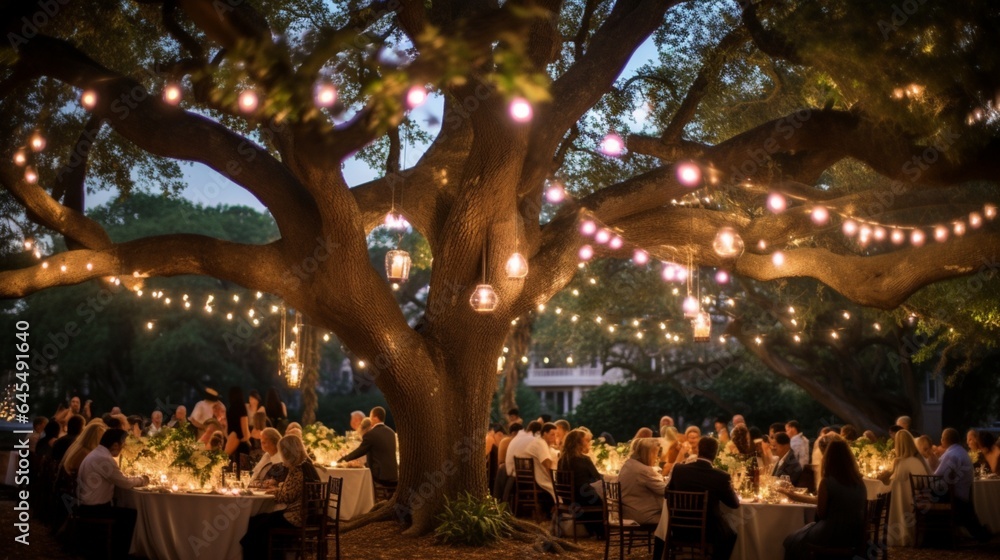 Create an elegant outdoor wedding reception under a starry night sky, with fairy lights hanging from tree branches and guests gathered around a fire pit