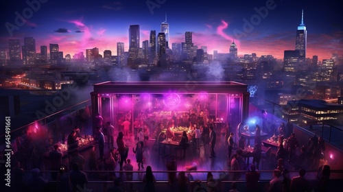 Create an image of a rooftop party with a DJ, city views, and colorful celebration string lights adding a vibrant touch