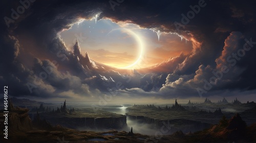 Create an otherworldly cloudscape with surreal, luminescent clouds and a mystical, glowing portal in the sky
