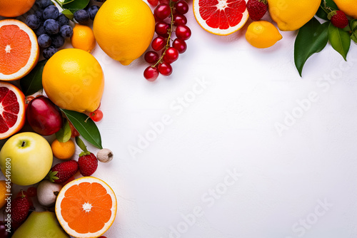 Assortiment de fruit sur table blanche vue de dessus, avec place pour texte © Concept Photo Studio
