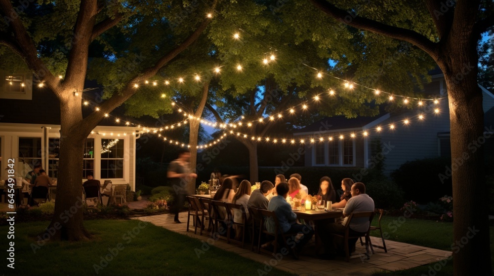  a festive backyard party scene with celebration string lights suspended above, casting a warm and inviting glow on the gathering