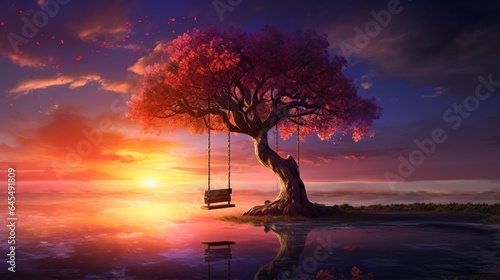 Generate a calming cloudscape with a lone swing hanging from a tree branch against a backdrop of a vibrant sunset