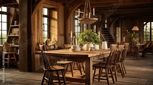Generate a rustic  countryside dining room with a farmhouse table  mismatched chairs  and a chandelier casting a warm glow over the setting